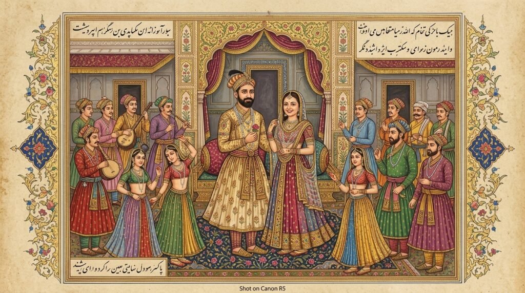 Indian couple illustrated as a royal Mughal miniature painting with ornate floral details