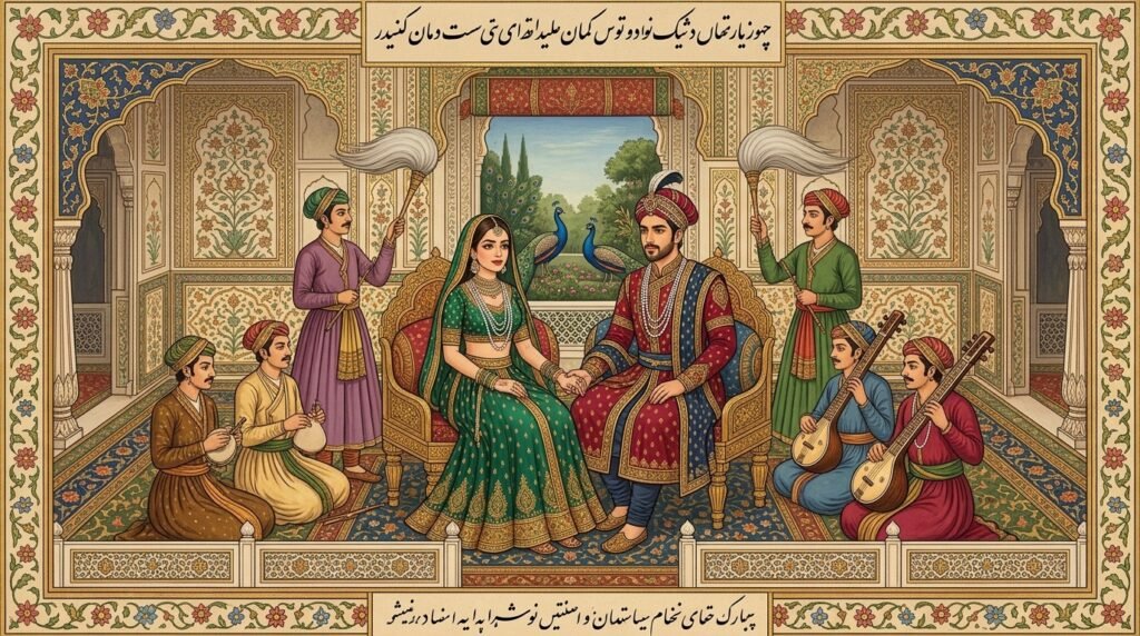 Royal couple illustrated as a Mughal miniature painting with jewel tones and gold details