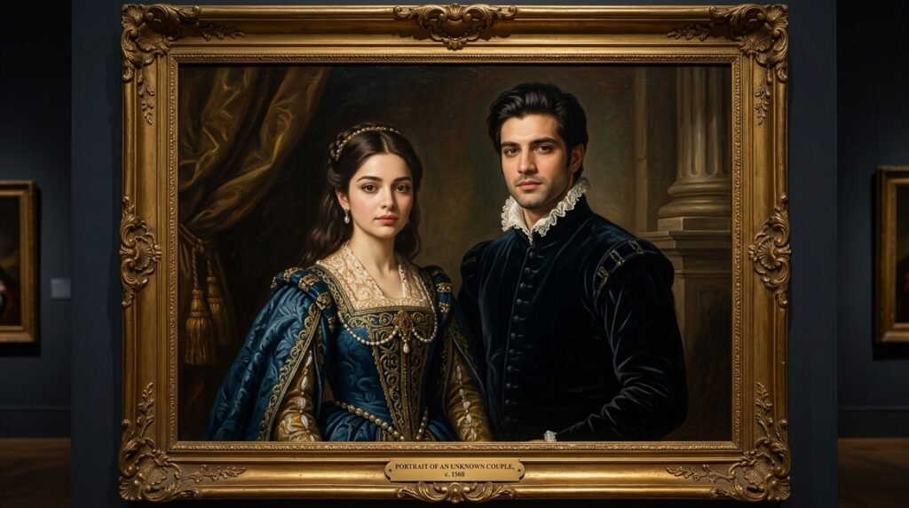 Couple portrayed as a Renaissance oil painting in an ornate gold frame