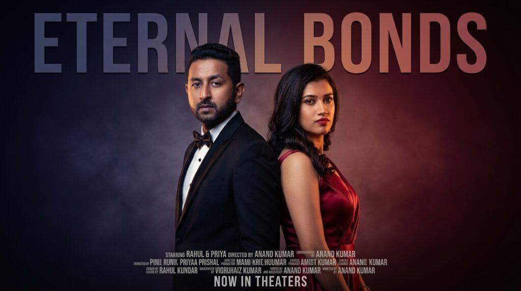 Couple posed back to back as the key art of a dramatic cinematic romance movie poster