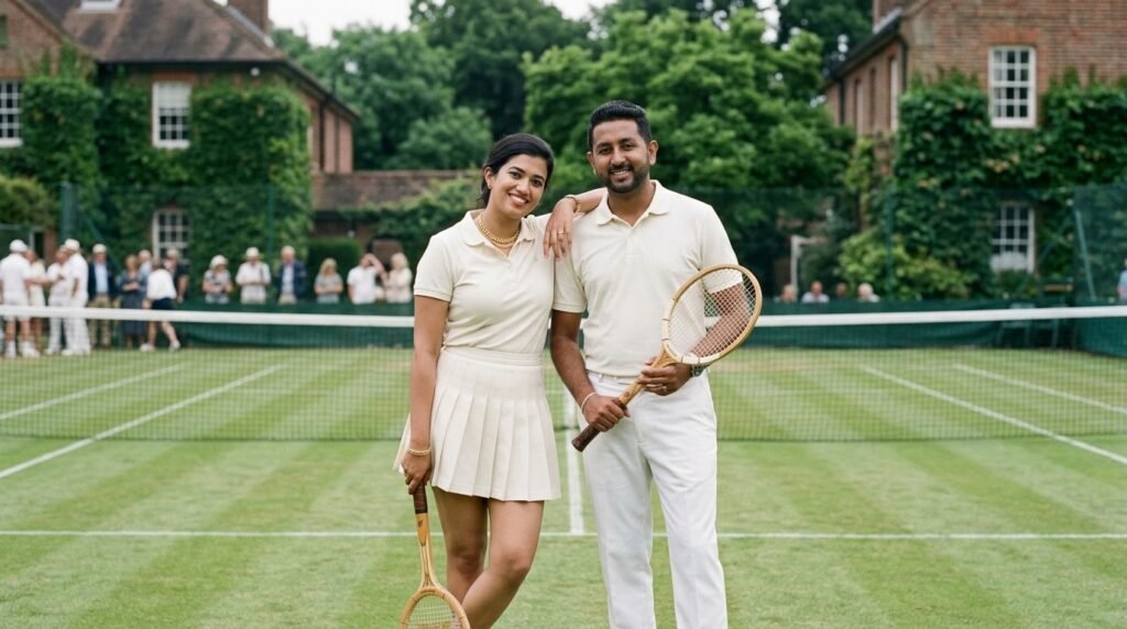 Couple dressed in vintage tennis whites standing together at a classic country tennis club
