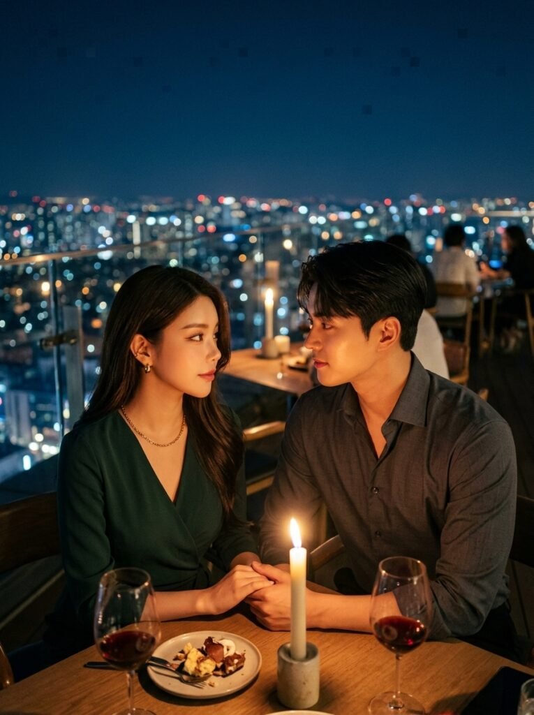 Romantic couple having a rooftop candlelight dinner