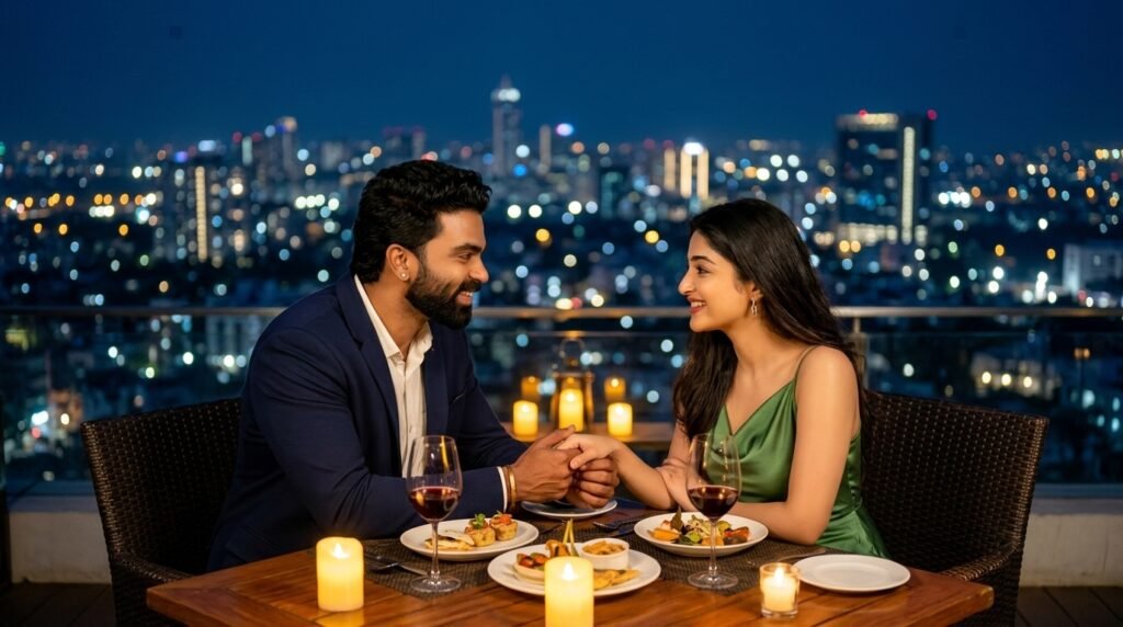 Romantic couple sharing a candlelight dinner on a rooftop at night