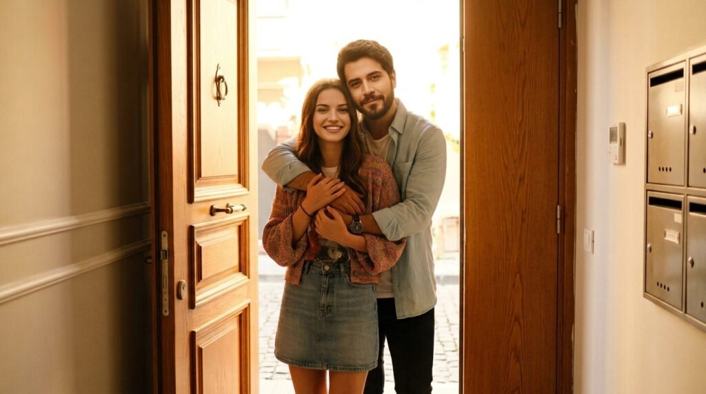 Couple in a warm back-hug pose at a sunlit apartment doorway