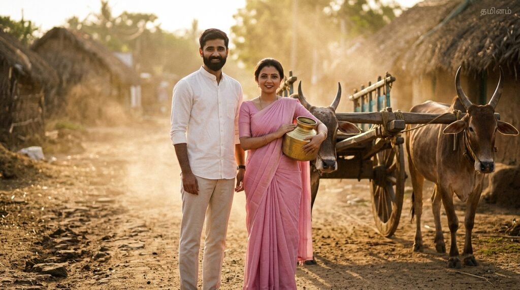 Indian couple standing beside a bullock cart on a village road at golden hour