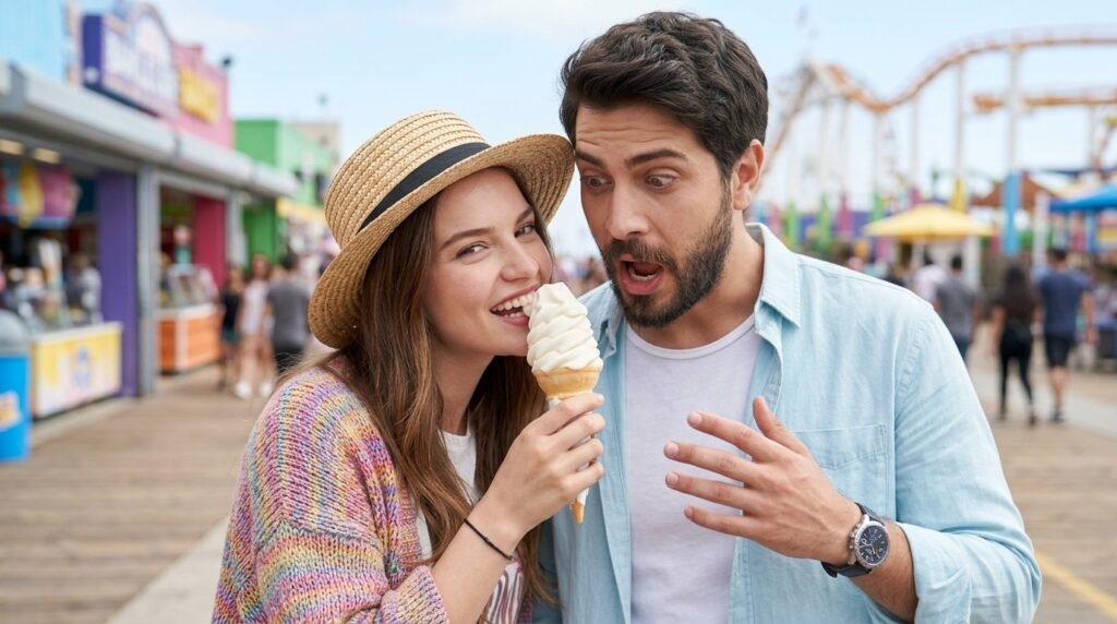 Playful couple laughing while sharing an ice cream cone on a summer boardwalk