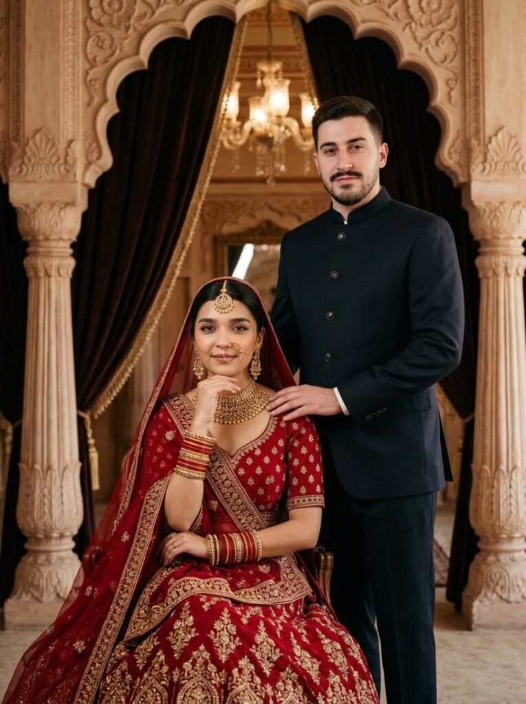 Bride seated in a red lehenga beside the groom in a royal palace wedding portrait