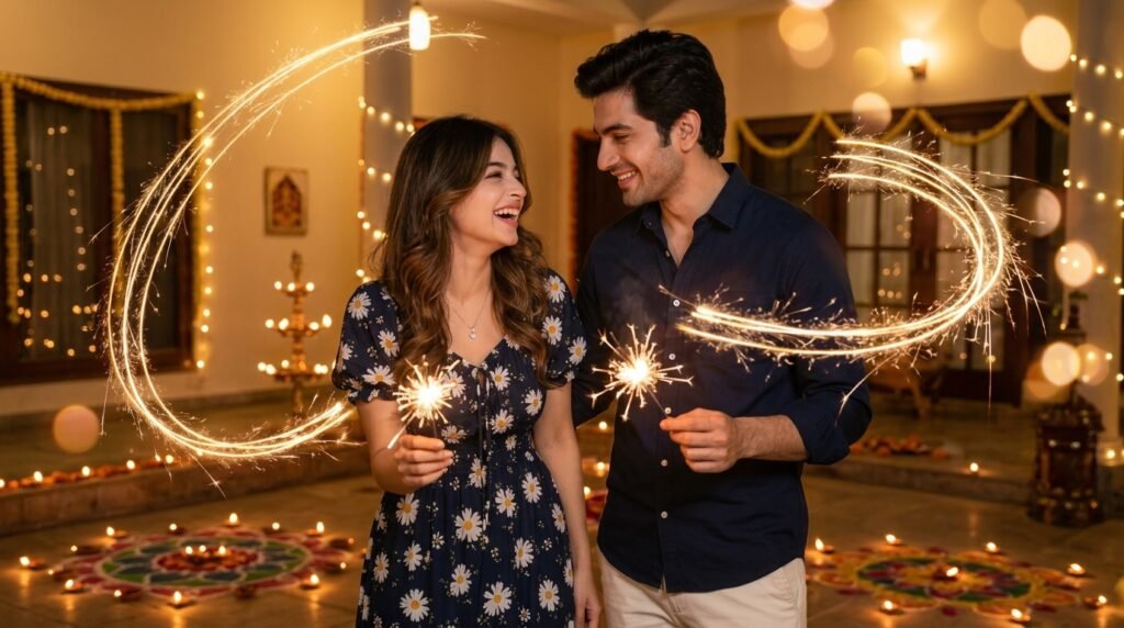 Couple celebrating Diwali with sparklers, diyas, rangoli and warm festive lighting