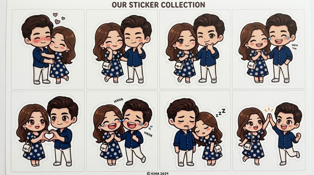 Six-panel sticker sheet showing a couple in cute chibi-style poses