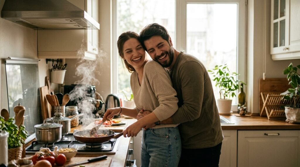 Man back-hugging his partner while she cooks in a bright kitchen