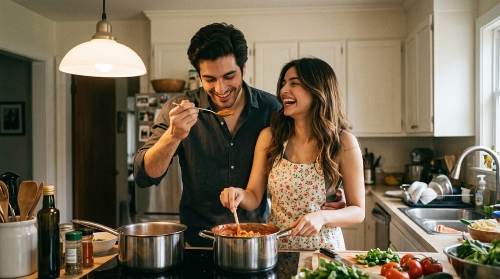 Couple laughing while cooking together in a warmly lit home kitchen