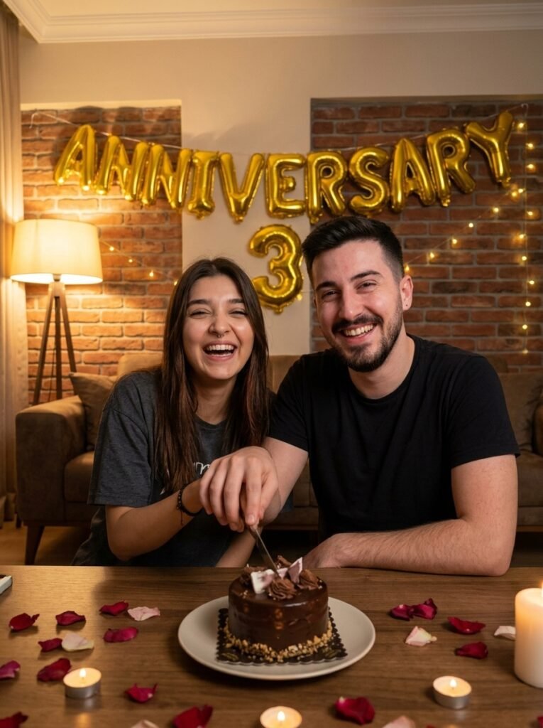 Couple cutting an anniversary cake at home with number balloons