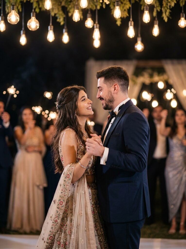 Wedding couple dancing beneath warm Edison bulbs at a night reception