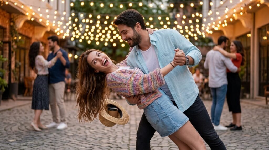 Man dipping his laughing partner while dancing in a courtyard under string lights