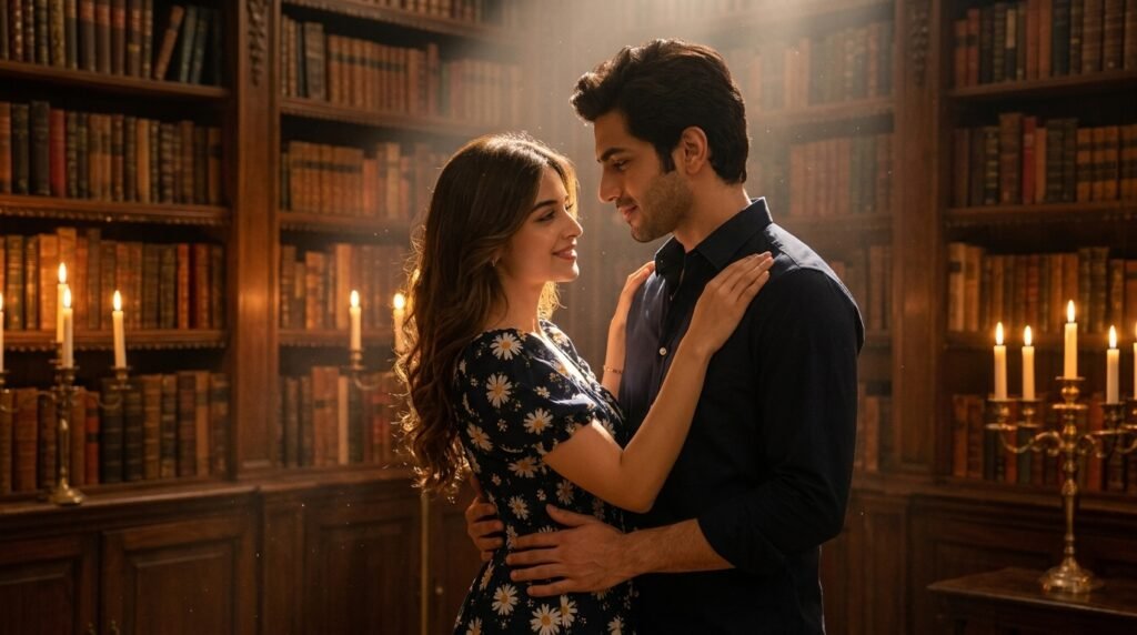 Couple dancing in an old library illuminated by warm candlelight and a soft beam of light