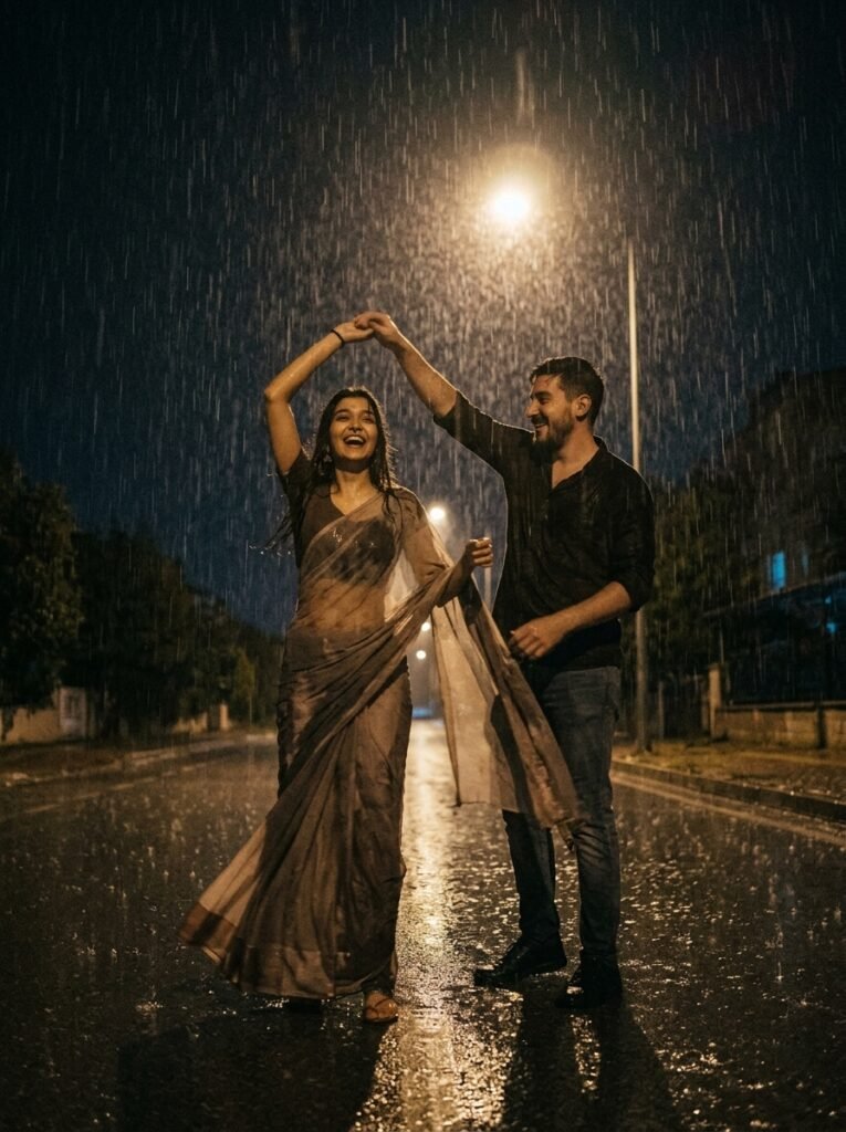 Couple dancing in heavy rain under a streetlight in a retro Bollywood scene