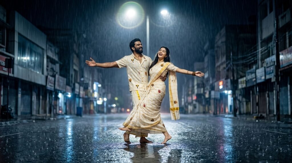 Joyful romantic couple dancing barefoot on a rain-soaked street at night