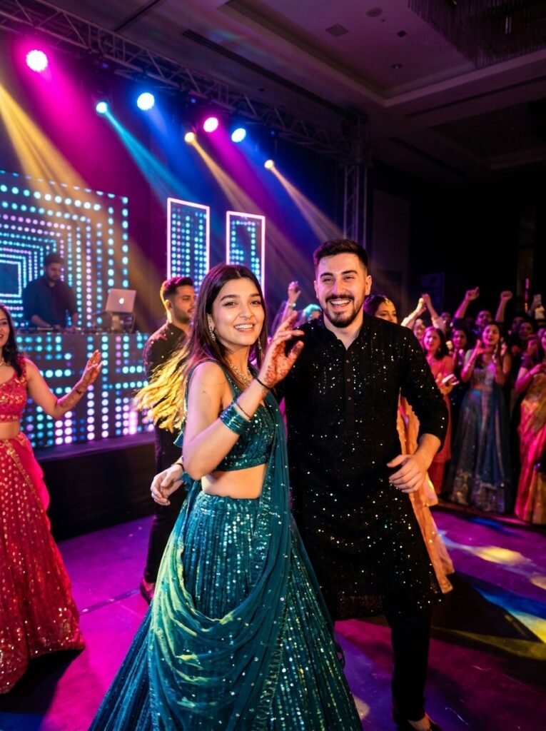 Couple performing a lively dance on a colorful sangeet stage
