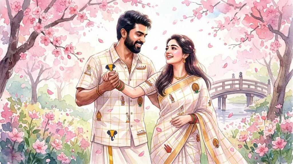 Romantic couple dancing under cherry blossoms in a soft watercolor style