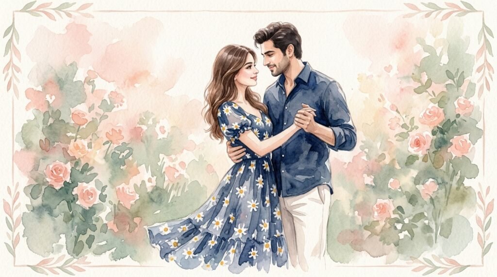 Couple dancing in soft watercolor wedding invitation artwork with blush and sage tones