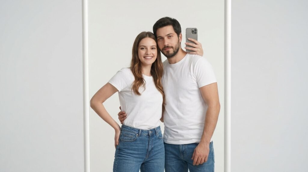 Couple posing for a playful mirror selfie in matching white shirts and jeans