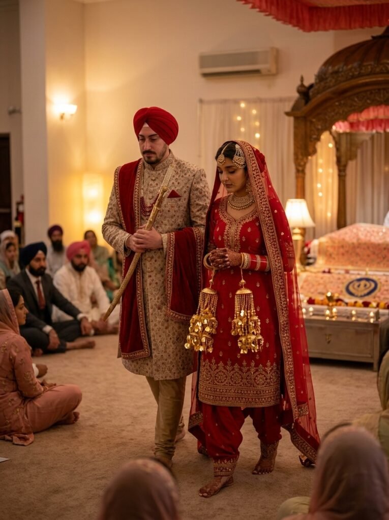 Sikh wedding couple during the laavan ceremony inside a gurdwara