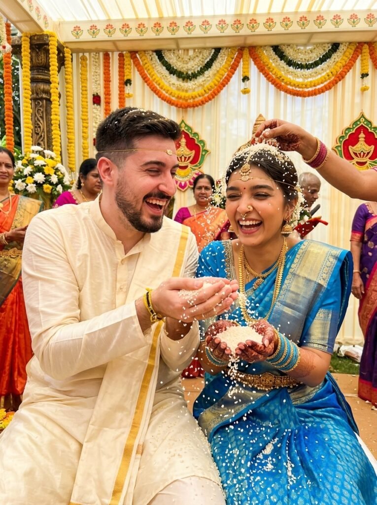 Telugu wedding couple laughing during the talambralu rice ceremony