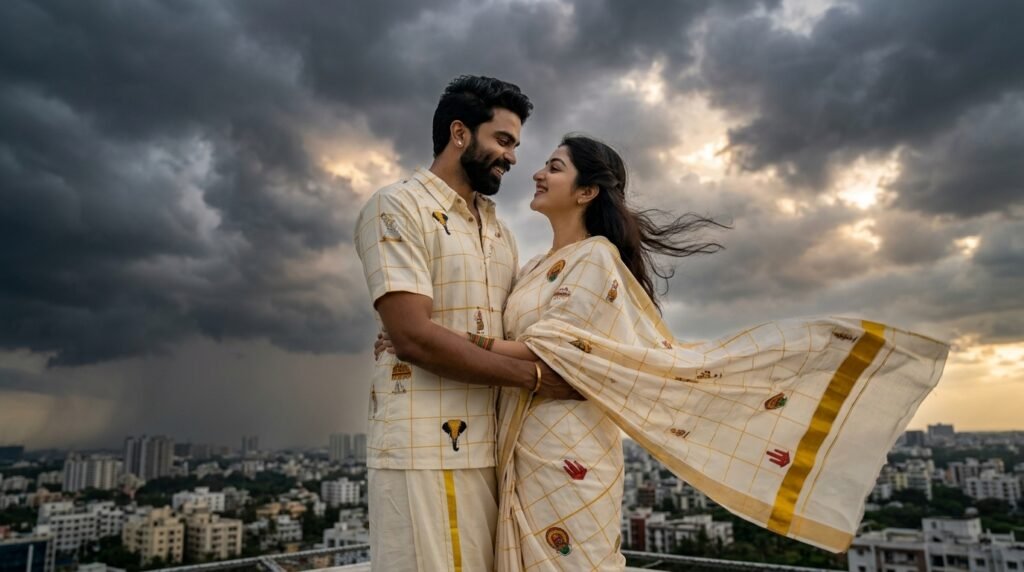 Cinematic romantic couple embracing on a rooftop beneath dramatic storm clouds