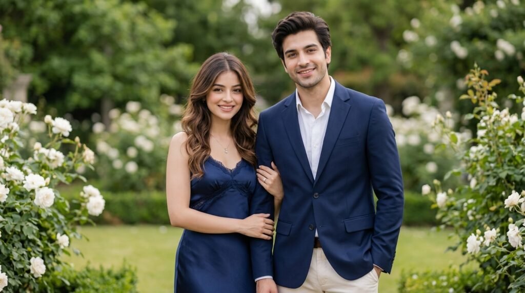 Elegantly dressed couple posing for an engagement portrait in a softly blurred garden