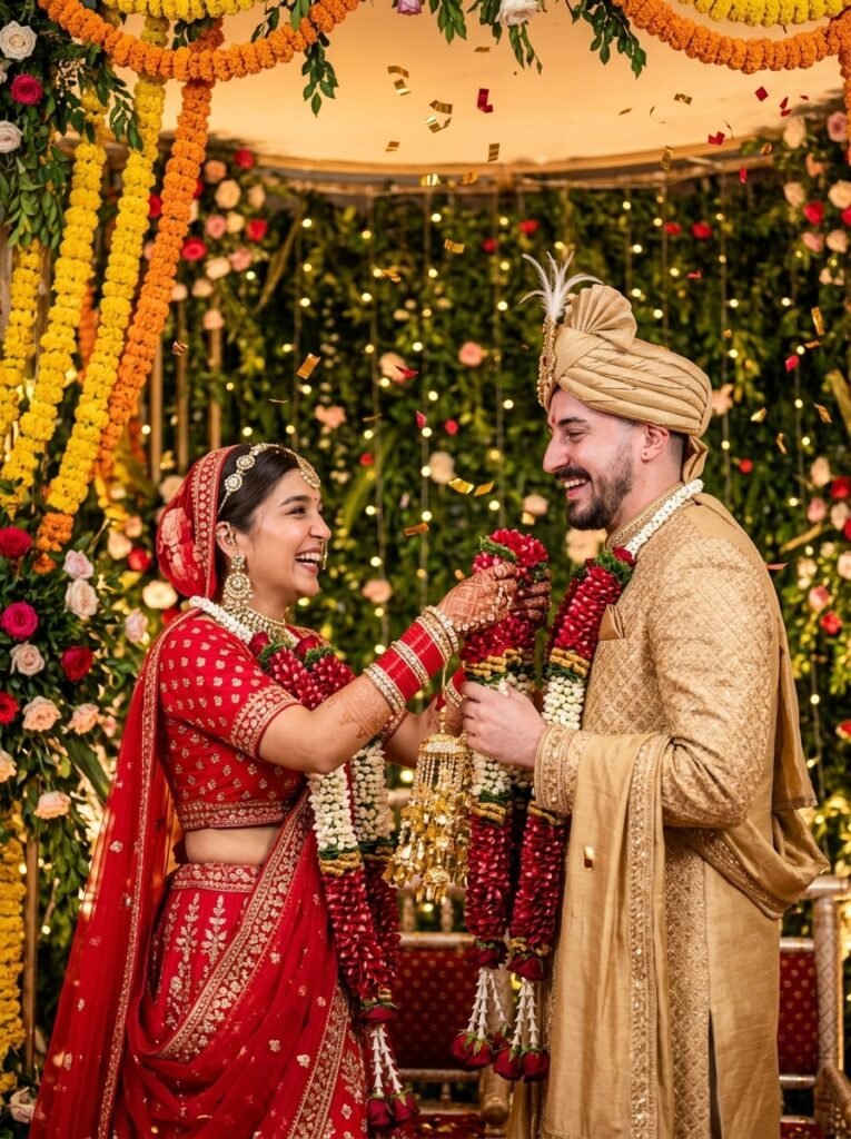 Indian bride and groom exchanging flower garlands during a varmala ceremony