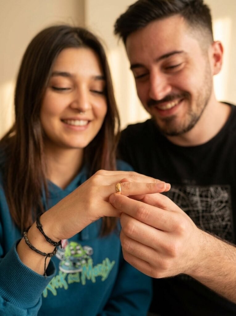 Couple exchanging rings with their hands in sharp focus
