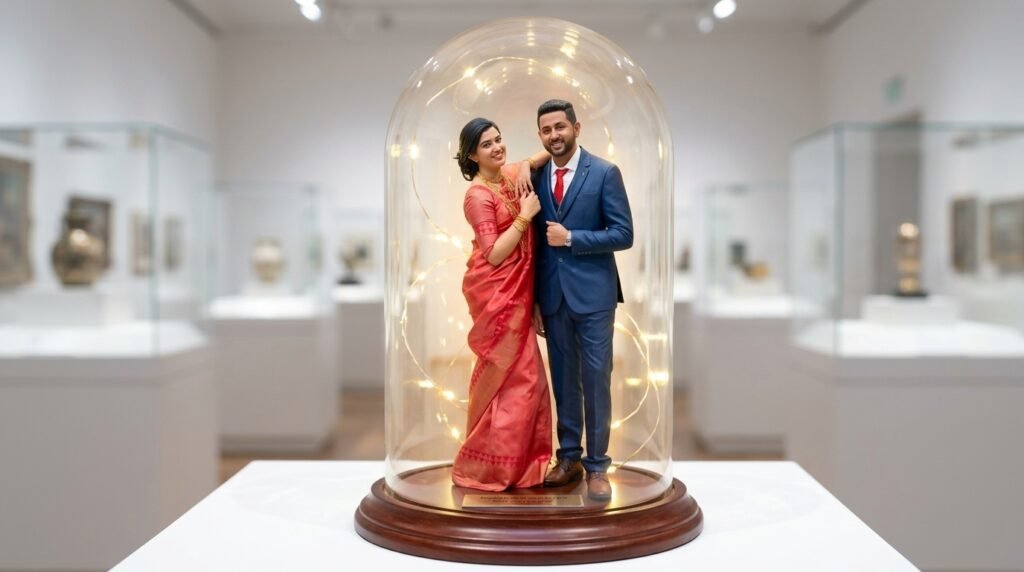 Couple recreated as a miniature collectible figurine displayed inside a glass dome