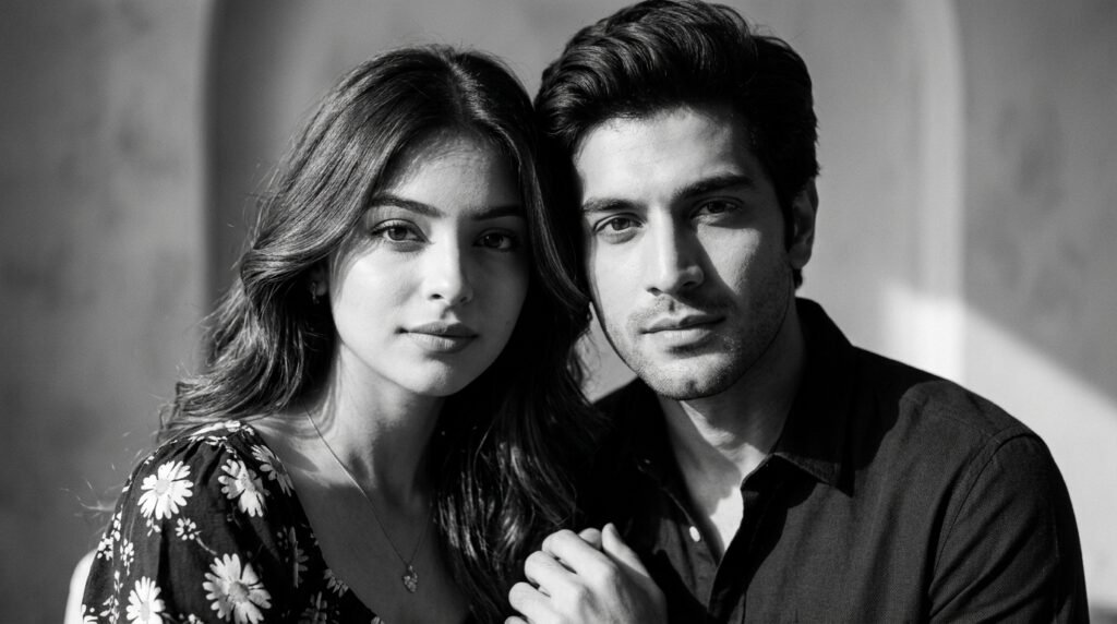 Black-and-white fine art portrait of a couple lit dramatically from the side