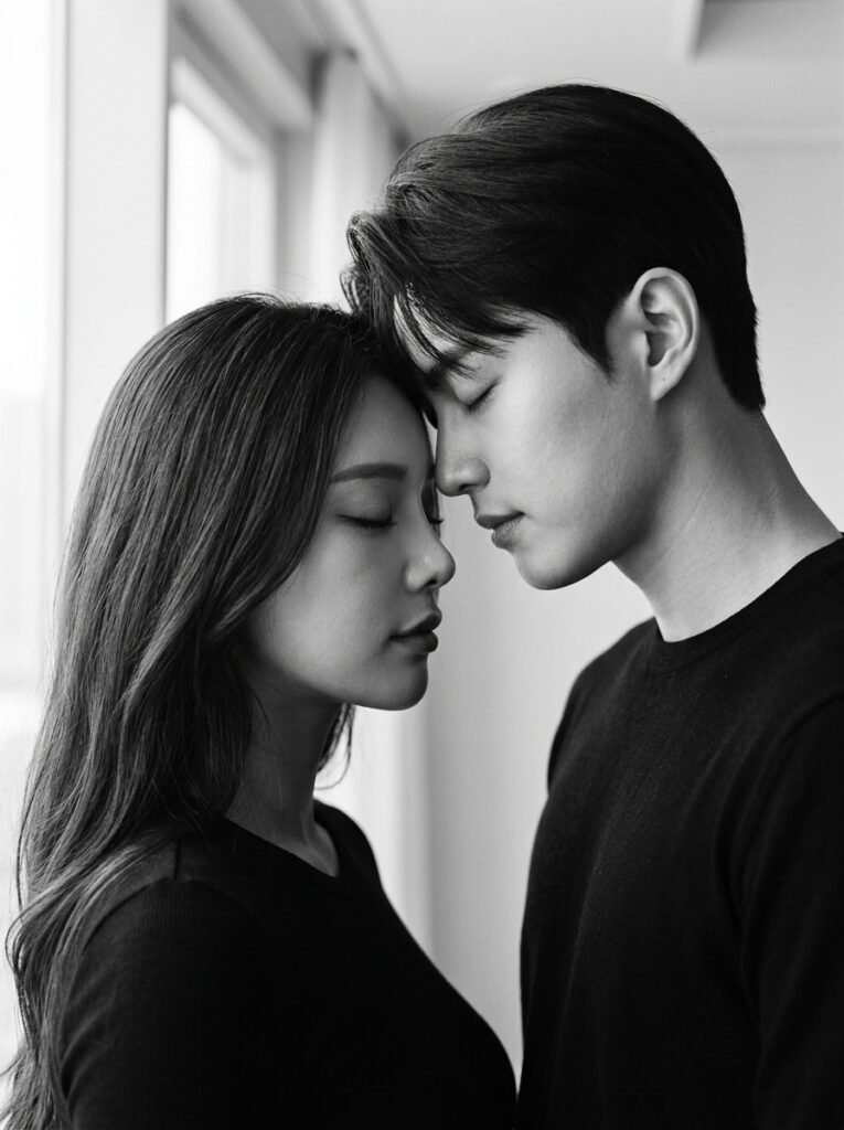 Black and white couple portrait touching foreheads
