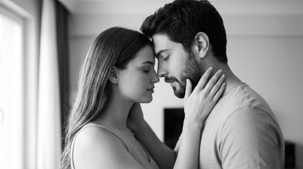 Couple standing forehead to forehead in a tender black-and-white embrace