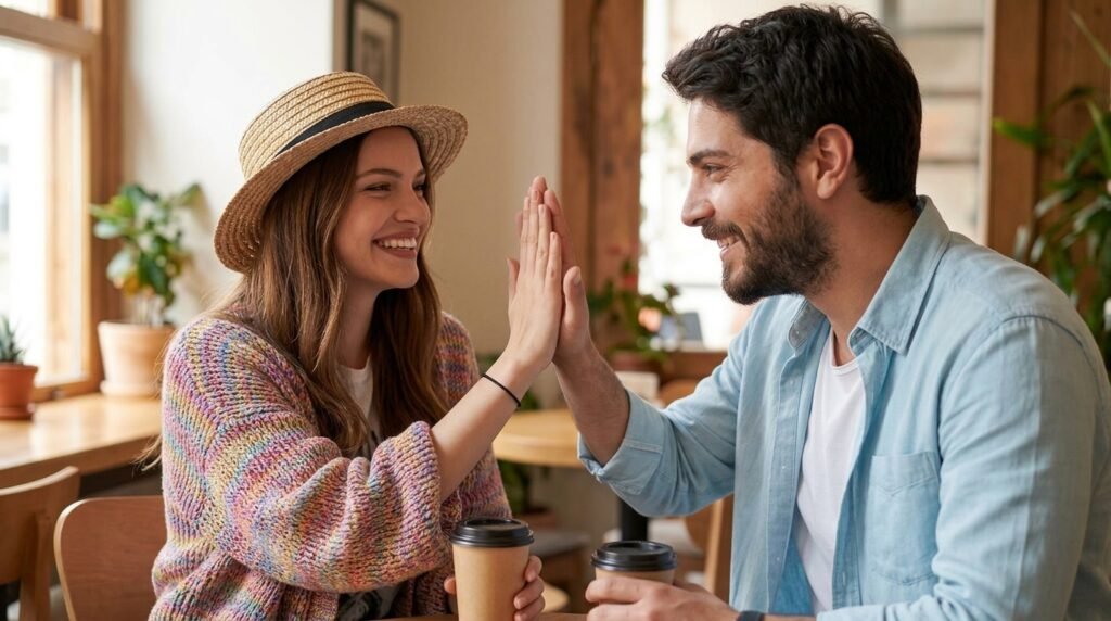 Smiling couple sharing a playful high-five over coffee in a cozy cafe