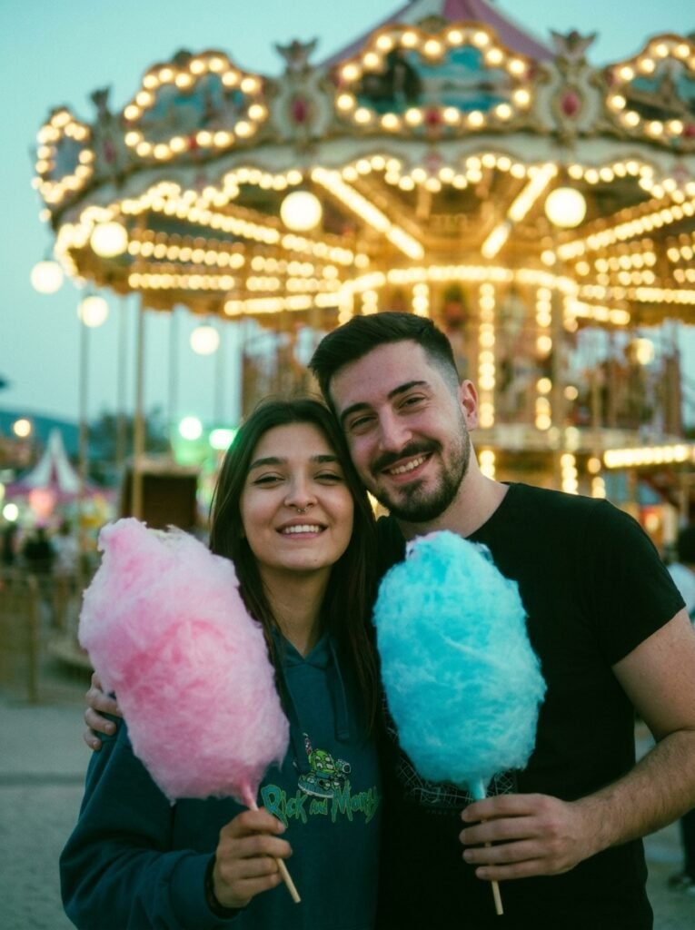 Couple holding cotton candy at a glowing 1970s summer fairground