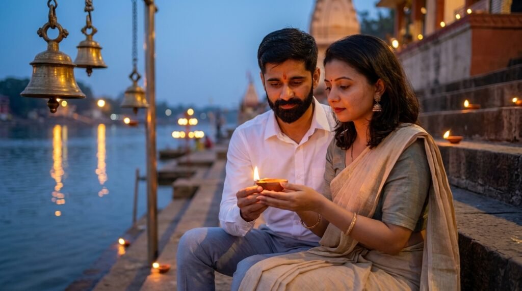 Indian couple holding a diya together on riverside ghat steps at dusk