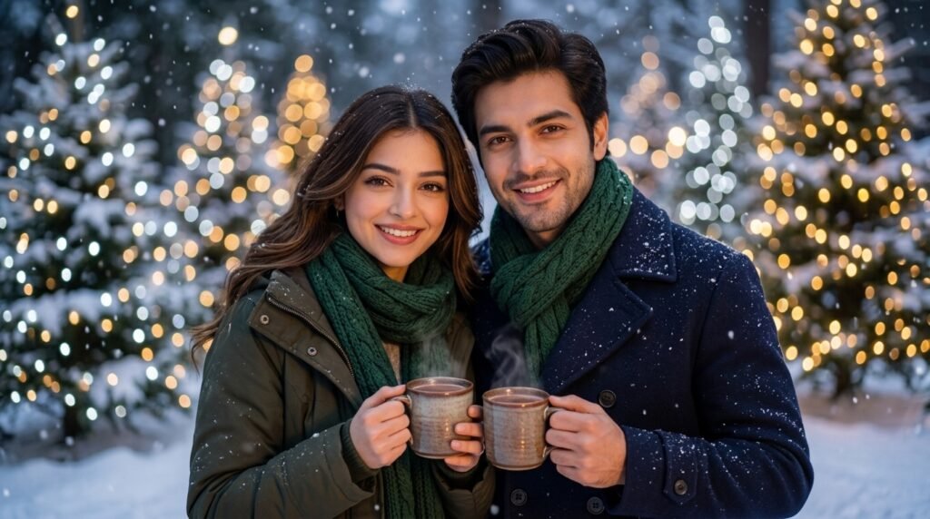 Couple holding warm drinks together during snowfall with glowing lights behind them