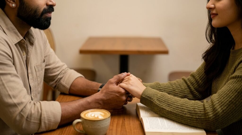 Romantic couple holding hands across a warm café table in a soft-launch photo