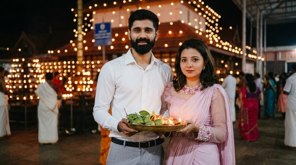 Indian couple holding a thali with bilva leaves and diyas in a temple courtyard at night