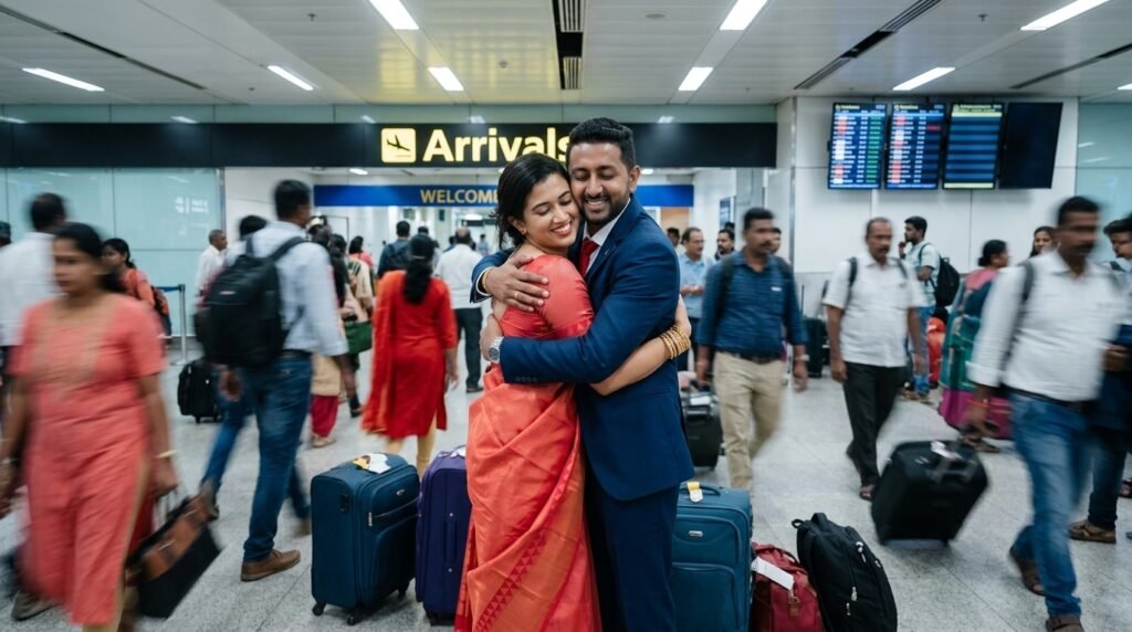 Couple embracing in a hug at an airport arrivals hall with a blurred crowd around them