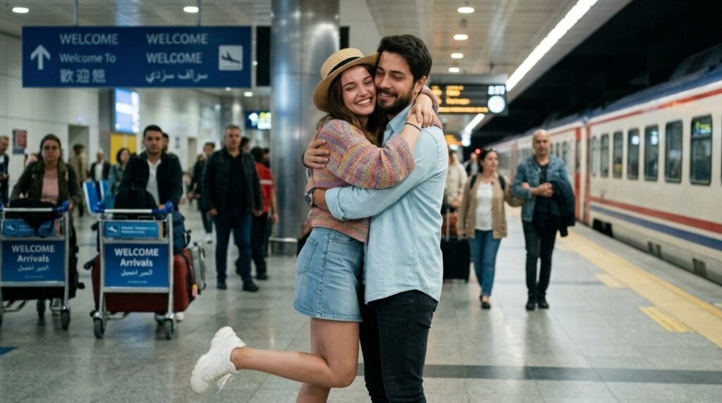 Couple sharing an emotional reunion hug at a busy transit station