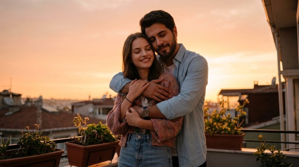 Couple hugging on a balcony at sunset with warm golden light around them