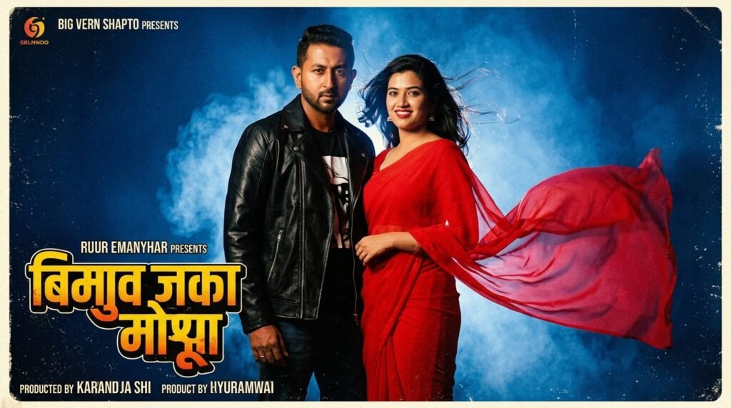 Couple styled in a retro 90s Bollywood poster pose with wind-blown hair and a red saree