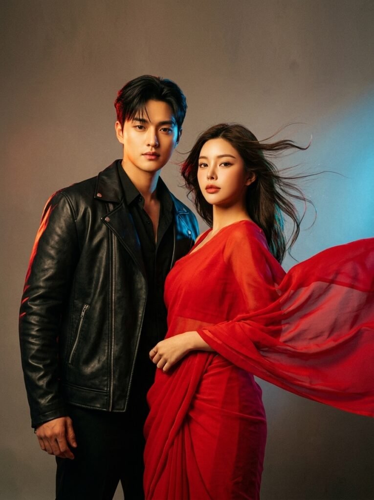 Couple posing in a retro 90s Bollywood poster style