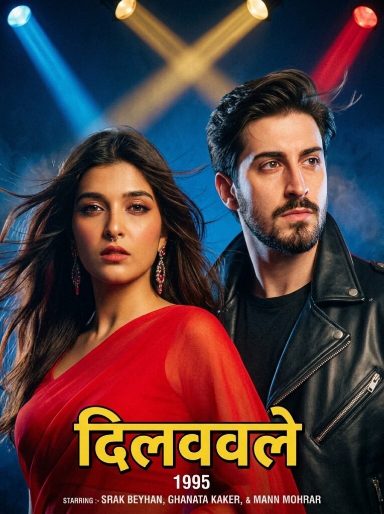 Retro couple in a dramatic 1990s Bollywood poster pose with red saree and leather jacket