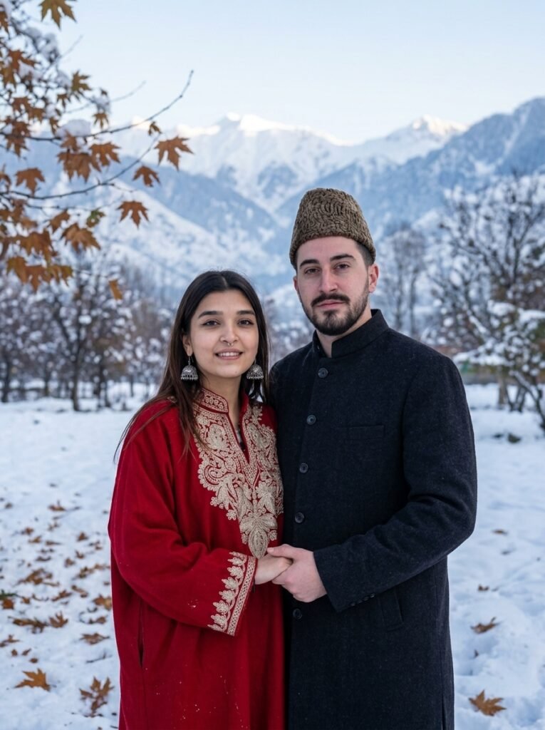 Kashmiri wedding couple in traditional pheran and karakul cap in winter