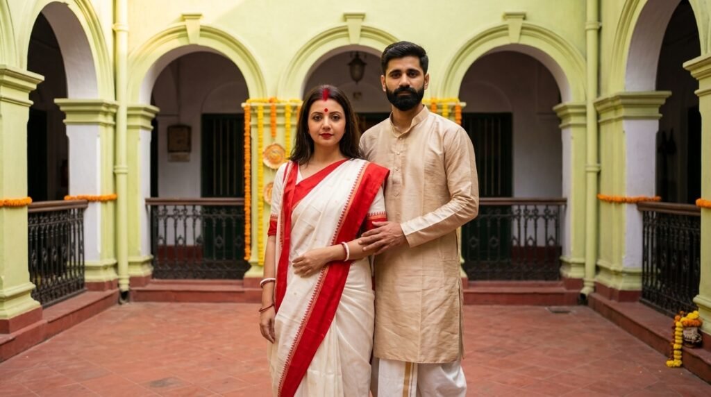 Bengali couple in traditional attire posing in a heritage Kolkata mansion courtyard