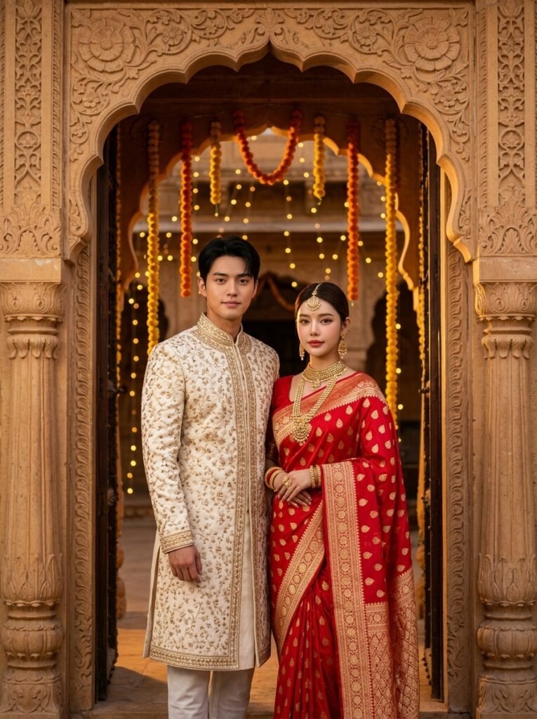 Indian couple posing in a traditional sandstone haveli